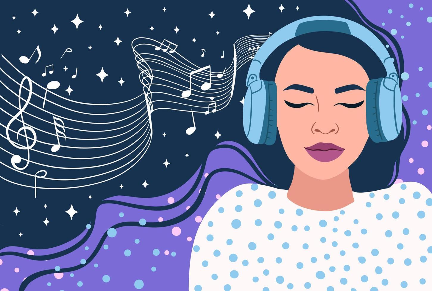 fille endormie avec un casque. femme rêvant dans le ciel nocturne et les étoiles. illustration vectorielle vecteur