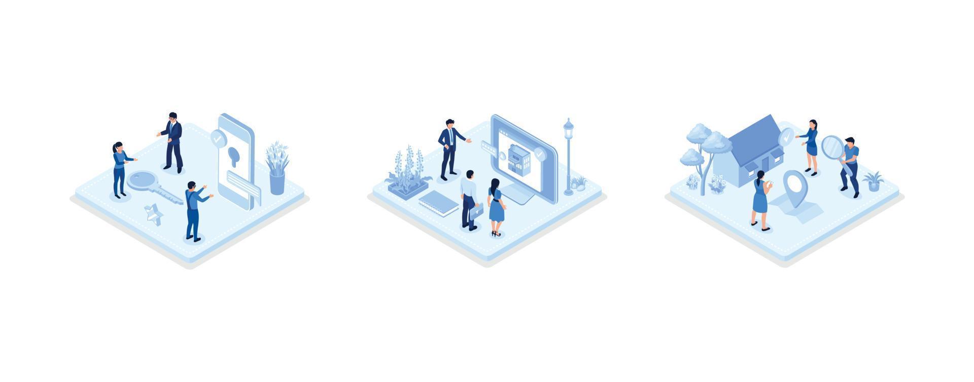 personnages recherchant et choisissant un appartement ou une maison à louer ou à acheter. concept de marché immobilier, définir une illustration vectorielle isométrique vecteur