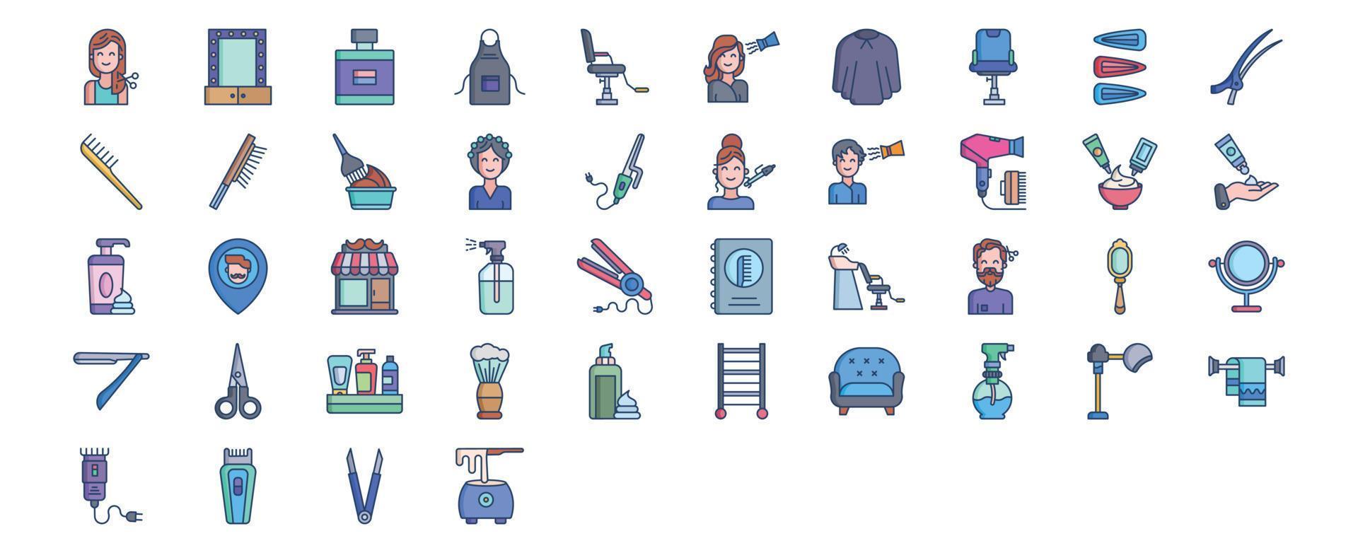 collection d'icônes liées à la coiffure, y compris des icônes comme la cape, le fauteuil, le clip, le peigne et plus encore. illustrations vectorielles, ensemble parfait de pixels vecteur