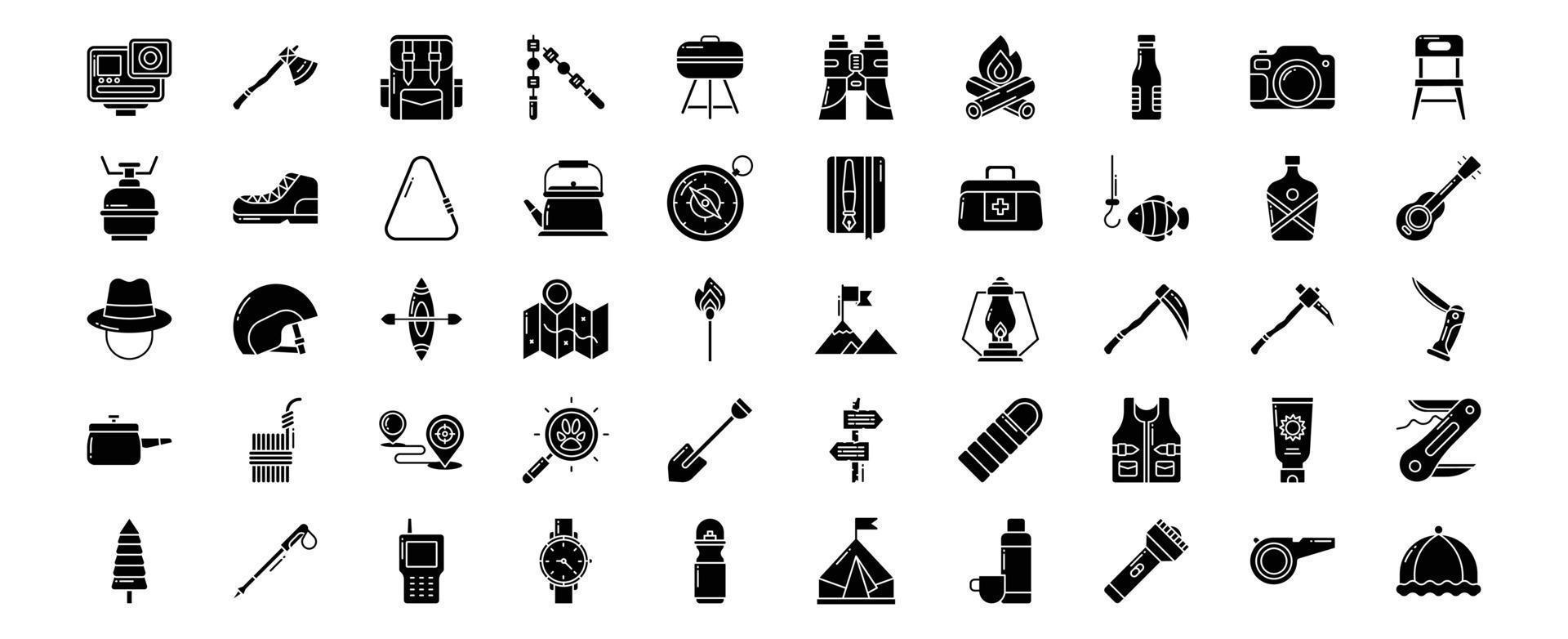 collection d'icônes liées à la randonnée et au trekking, y compris des icônes comme la caméra d'action, le sac à dos, le barbecue, les jumelles et plus encore. illustrations vectorielles, ensemble parfait de pixels vecteur