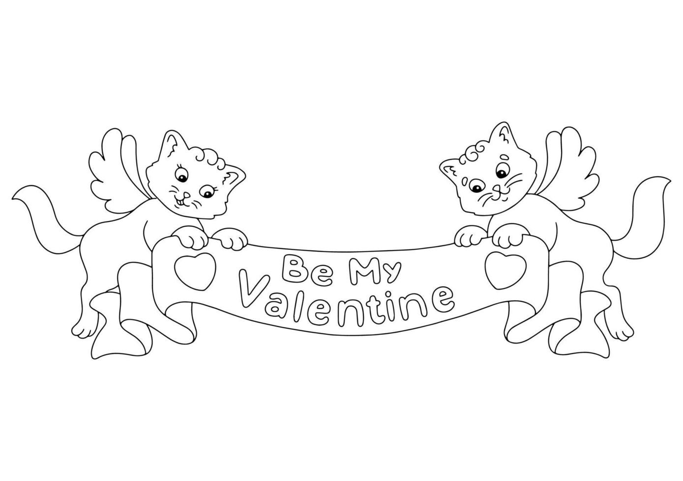 un couple de chats tient un ruban de félicitations. page de livre de coloriage pour les enfants. La Saint-Valentin. personnage de style dessin animé. illustration vectorielle isolée sur fond blanc. vecteur