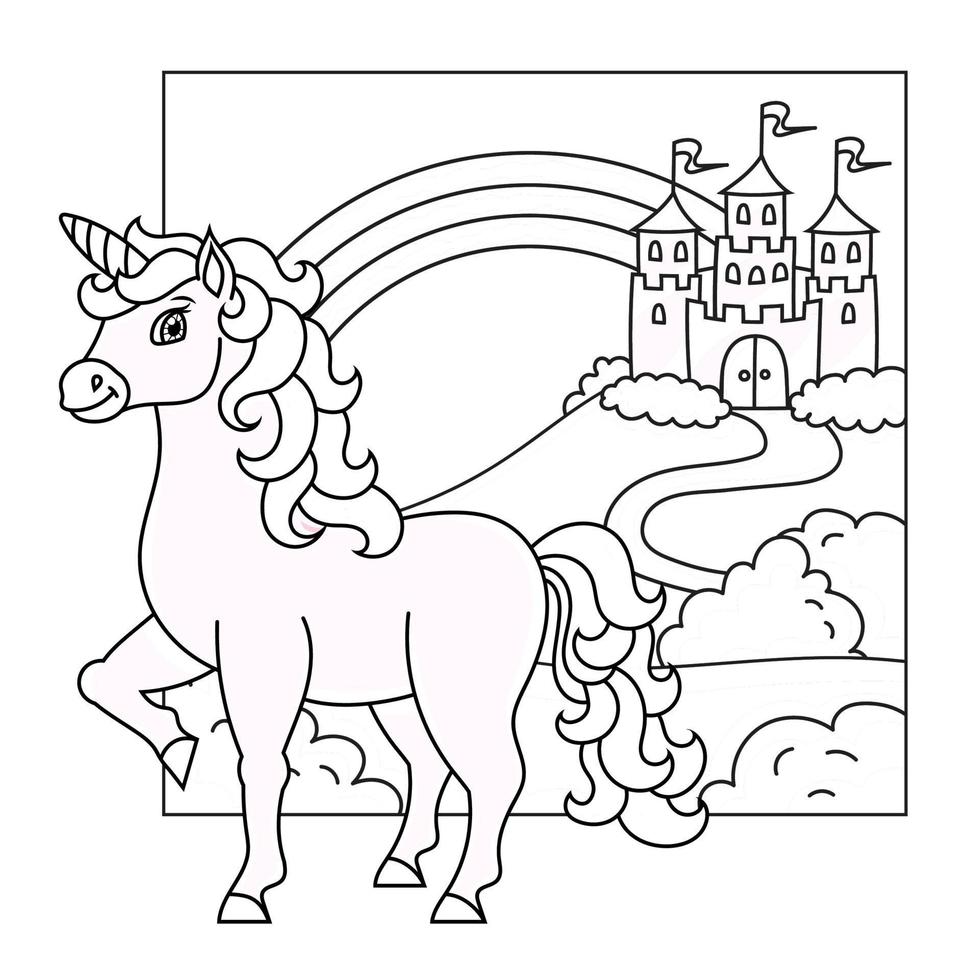 jolie licorne. cheval de fée magique. paysage avec un beau château. page de livre de coloriage pour les enfants. style de bande dessinée. illustration vectorielle isolée sur fond blanc. vecteur