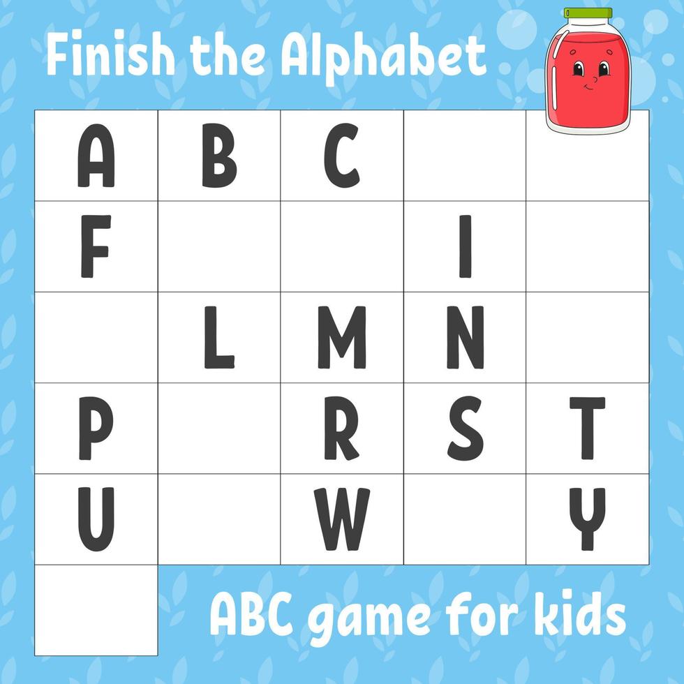 terminer l'alphabet. jeu abc pour les enfants. feuille de travail de développement de l'éducation. jeu d'apprentissage pour les enfants. page d'activité en couleur. vecteur