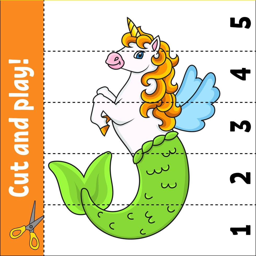 apprendre les nombres 1-5. jolie licorne sirène. couper et jouer. feuille de travail de l'éducation. jeu pour les enfants. page d'activité en couleur. casse-tête pour les enfants. énigme pour le préscolaire. illustration vectorielle. style bande dessinée. vecteur