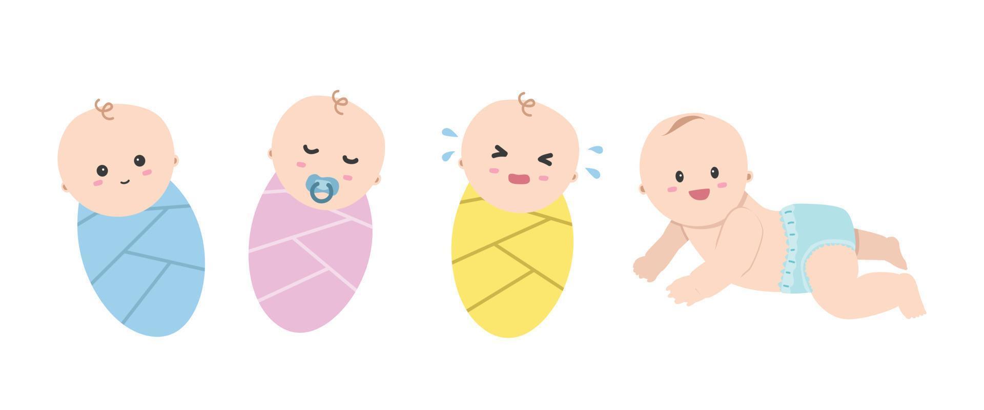 ensemble vectoriel de cliparts de bébés mignons. bébé mignon simple avec différentes émotions emmailloté dans une couverture bleue, rose, jaune et une couche bleue. souriant, pleurant, dormant, rampant style dessin animé bébé.