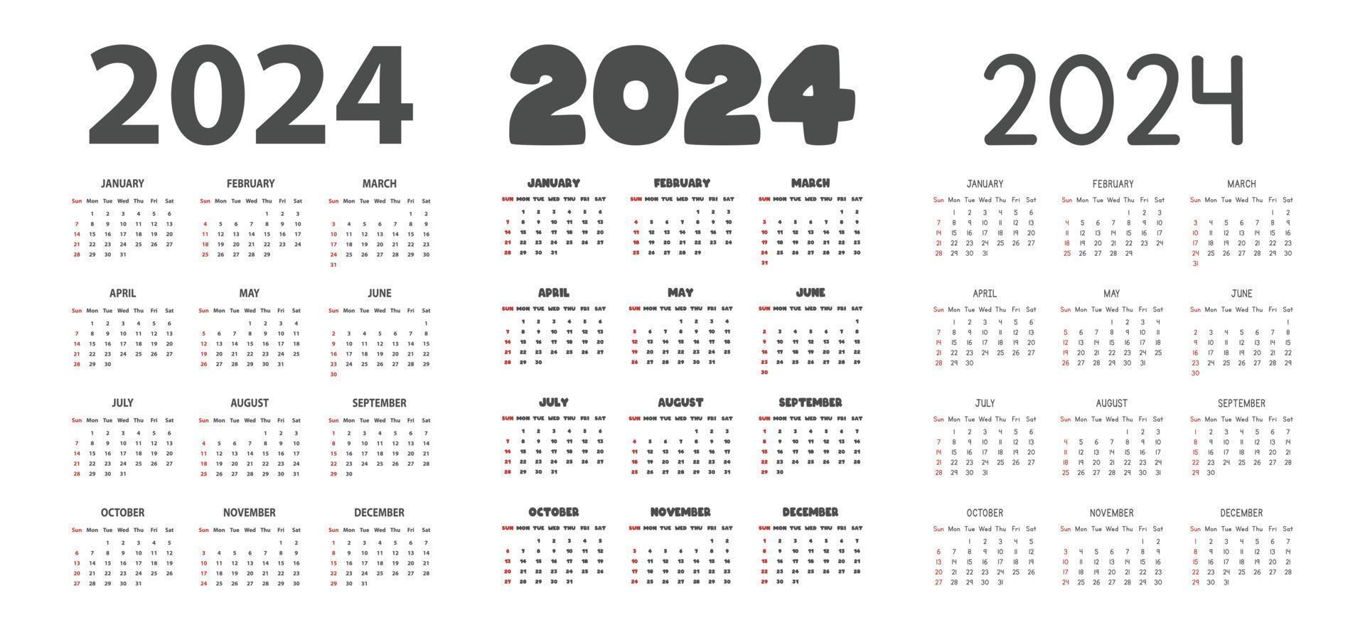 Calendrier 2024 dans différentes polices style illustration vectorielle. calendrier mensuel classique simple pour 2024 en police sans, gras, dessin animé. la semaine commence dimanche. modèle de planificateur de calendrier minimaliste année 2024 vecteur