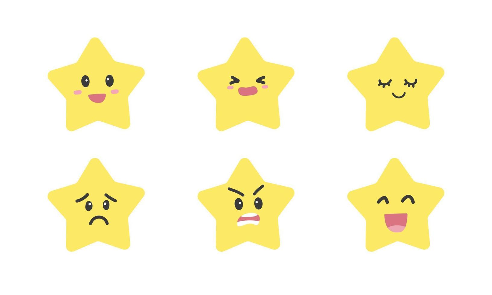 ensemble d'images vectorielles d'étoiles jaunes mignonnes de douche de bébé avec différentes cliparts d'émotions. personnage mignon simple, illustration de vecteur plat visage kawaii étoile jaune. une étoile heureuse, triste et en colère fait face à une icône de style dessin animé