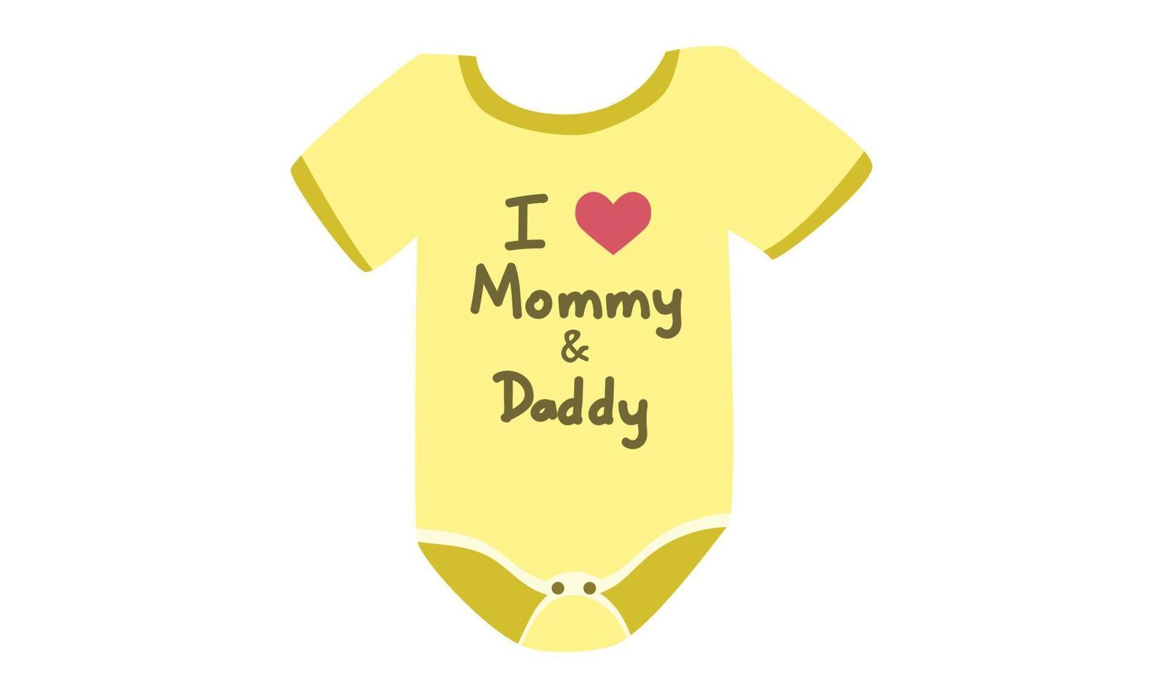 clipart grenouillère bébé jaune. Onesie bébé mignon simple avec j'aime maman et papa design illustration vectorielle plane. body bébé, corps enfants, chemise bébé, barboteuse, vêtements pour nouveau-nés dessin animé vecteur