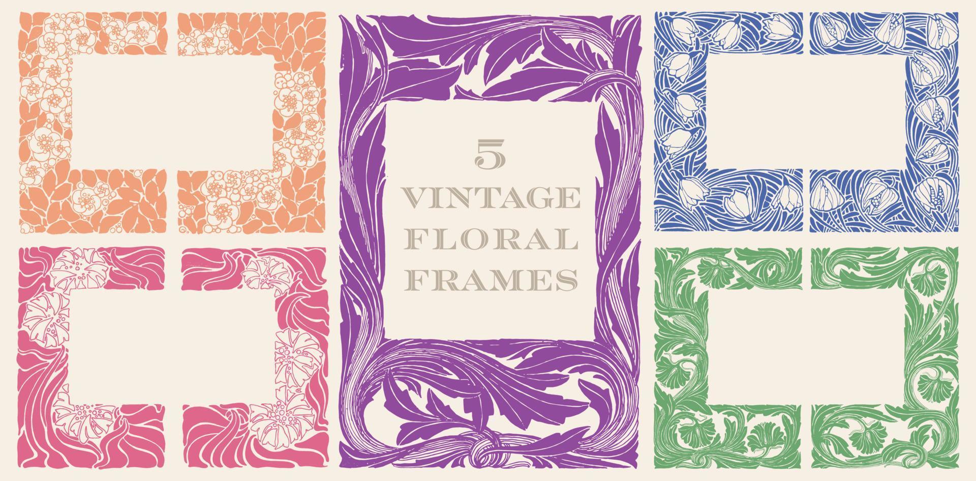 cadre floral vintage et bordures ensemble de 5. éléments de conception à utiliser sur les produits à base de plantes, les menus, les brochures, les couvertures de livres, la conception d'emballages et les invitations. vecteur
