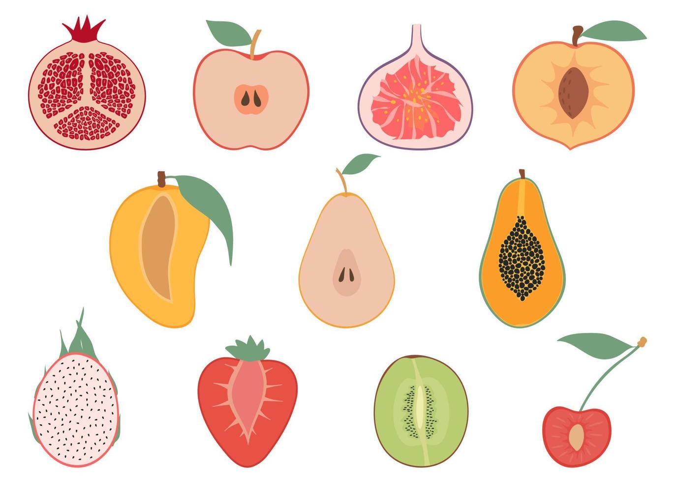 ensemble de moitiés de fruits colorés, collection d'icônes design plat. fraise, papaye, fruit du dragon, mangue, cerise, poire, figue, grenade, kiwi, pêche, pomme. vecteur