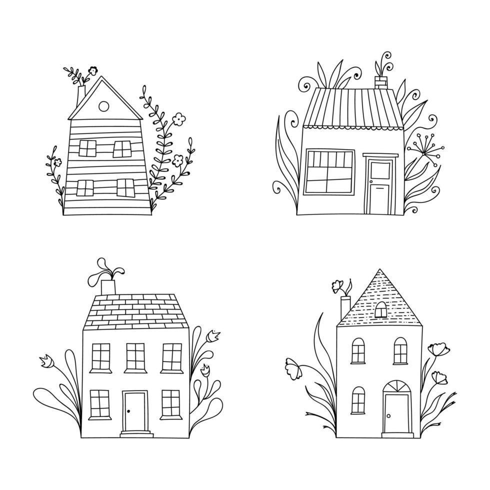 ensemble de petites maisons de doodle noir et blanc mignon, avec des éléments floraux. vecteur