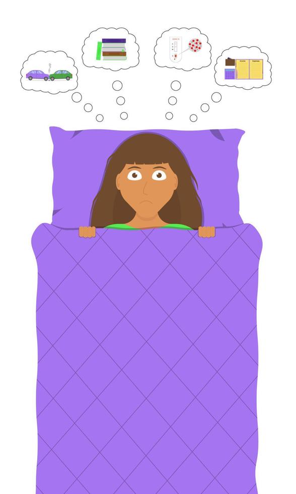 une femme ne peut pas dormir à cause de pensées anxieuses. insomnie due à l'anxiété due à l'accident, à l'éducation, au covid-19 et au budget familial. concept. illustration vectorielle vecteur