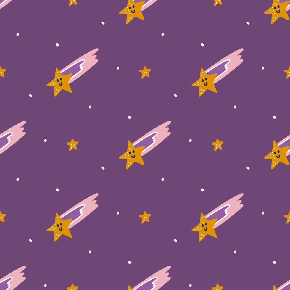 étoiles de dessin animé mignon sur fond violet, motif vectoriel sans couture, impression pour enfants pour tissu, produits en papier