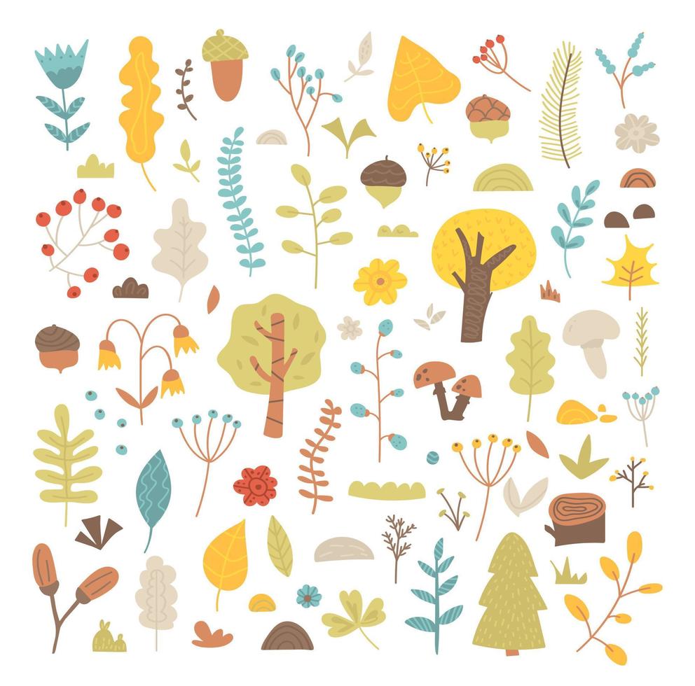 clipart de grandes plantes forestières sur fond blanc. ensemble d'arbres mignons dessinés à la main, de branches, de champignons, de brindilles, de glands, d'herbes sauvages, de baies et de fleurs. illustration botanique vectorielle de style scandinave, saison vecteur