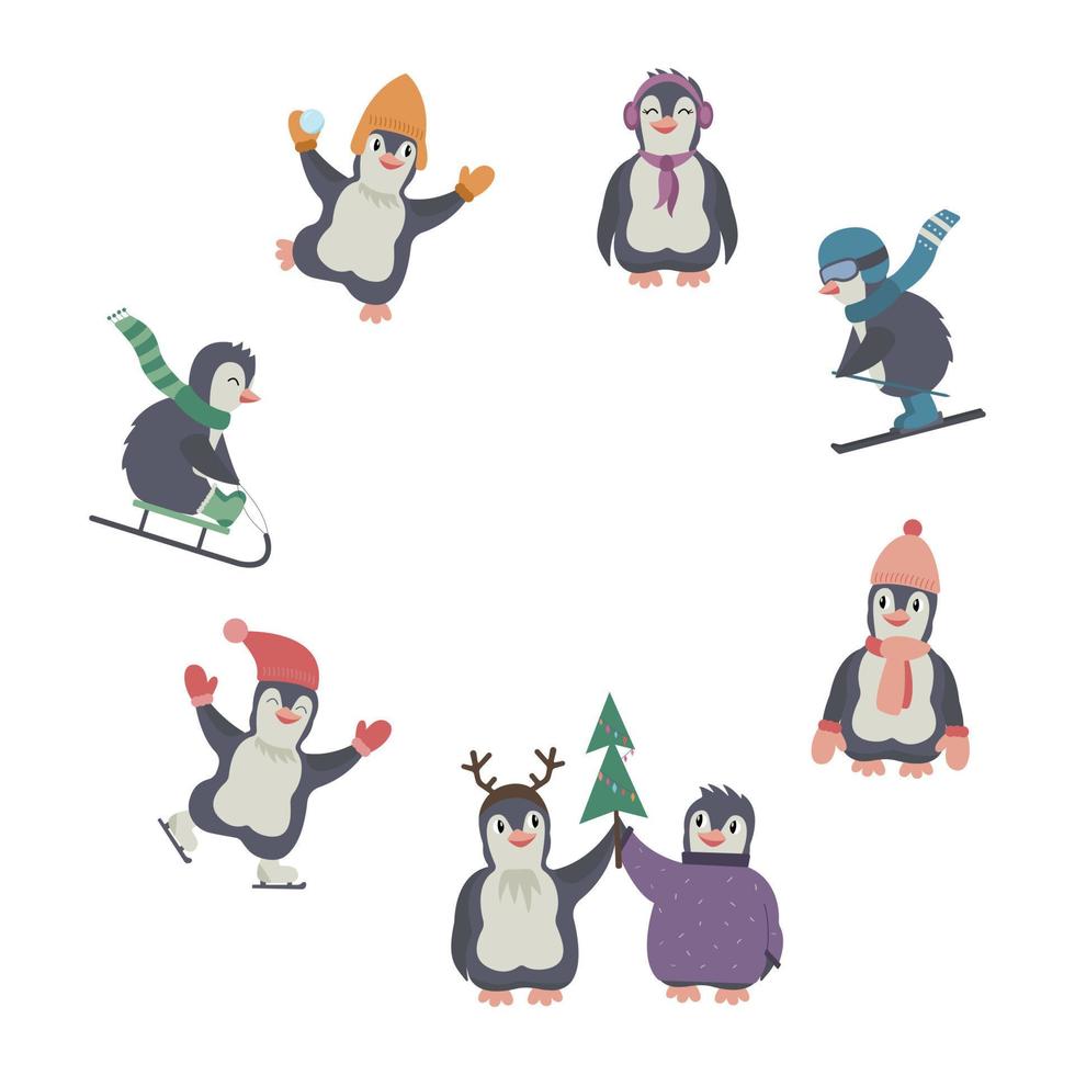 cercle de noël de pingouins drôles heureux de dessin animé mignon avec des vêtements chauds en attente de vacances. illustration vectorielle d'hiver pour impression d'enfants. vecteur