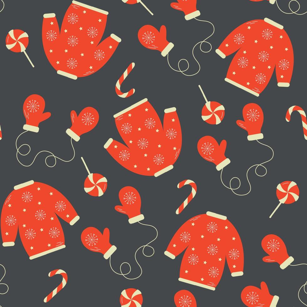 modèle sans couture d'hiver avec pulls et mitaines tricotés. fond de vecteur mignon avec des chandails laids. répéter la texture pour les vacances du nouvel an. décoration de Noël.