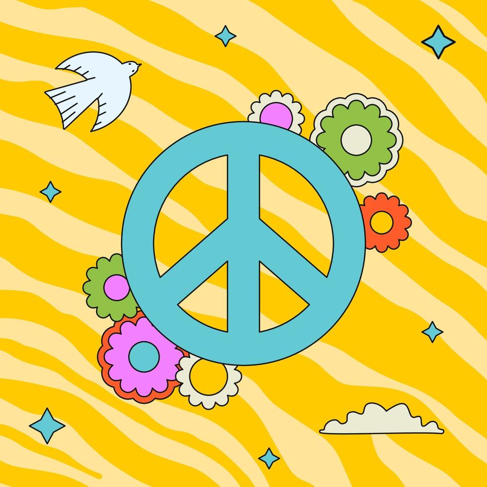 illustration groovy colorée avec signe pacificus et fleurs. autocollant décrit hippie. vecteur