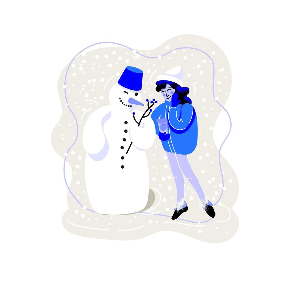 composition de noël avec une fille heureuse et un bonhomme de neige. vecteur