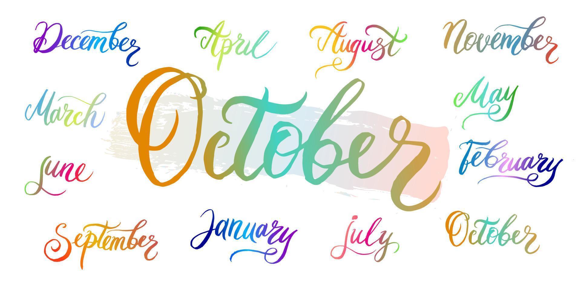 noms de mois manuscrits décembre, janvier, février, mars, avril, mai, juin, juillet, août, septembre, octobre, novembre avec dégradé de couleurs. mots calligraphiques pour calendriers et organisateurs. vecteur