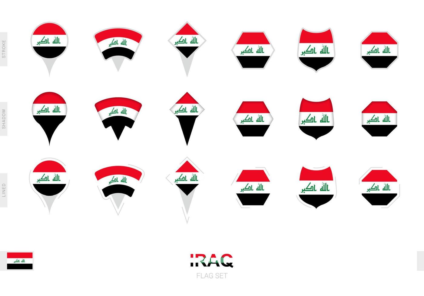 collection du drapeau irakien sous différentes formes et avec trois effets différents. vecteur