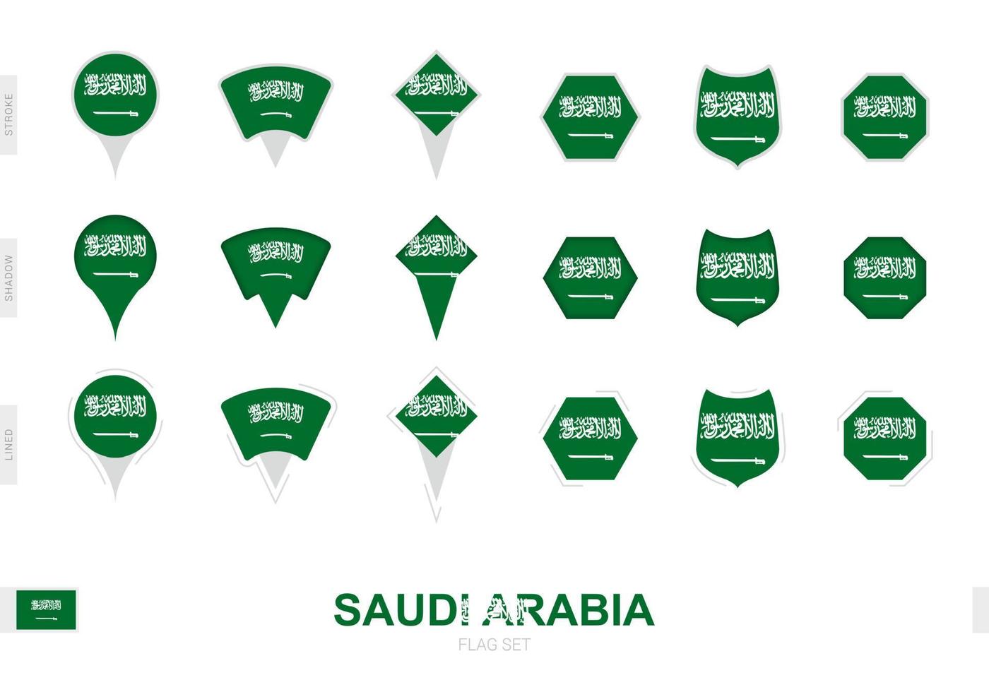 collection du drapeau saoudien sous différentes formes et avec trois effets différents. vecteur