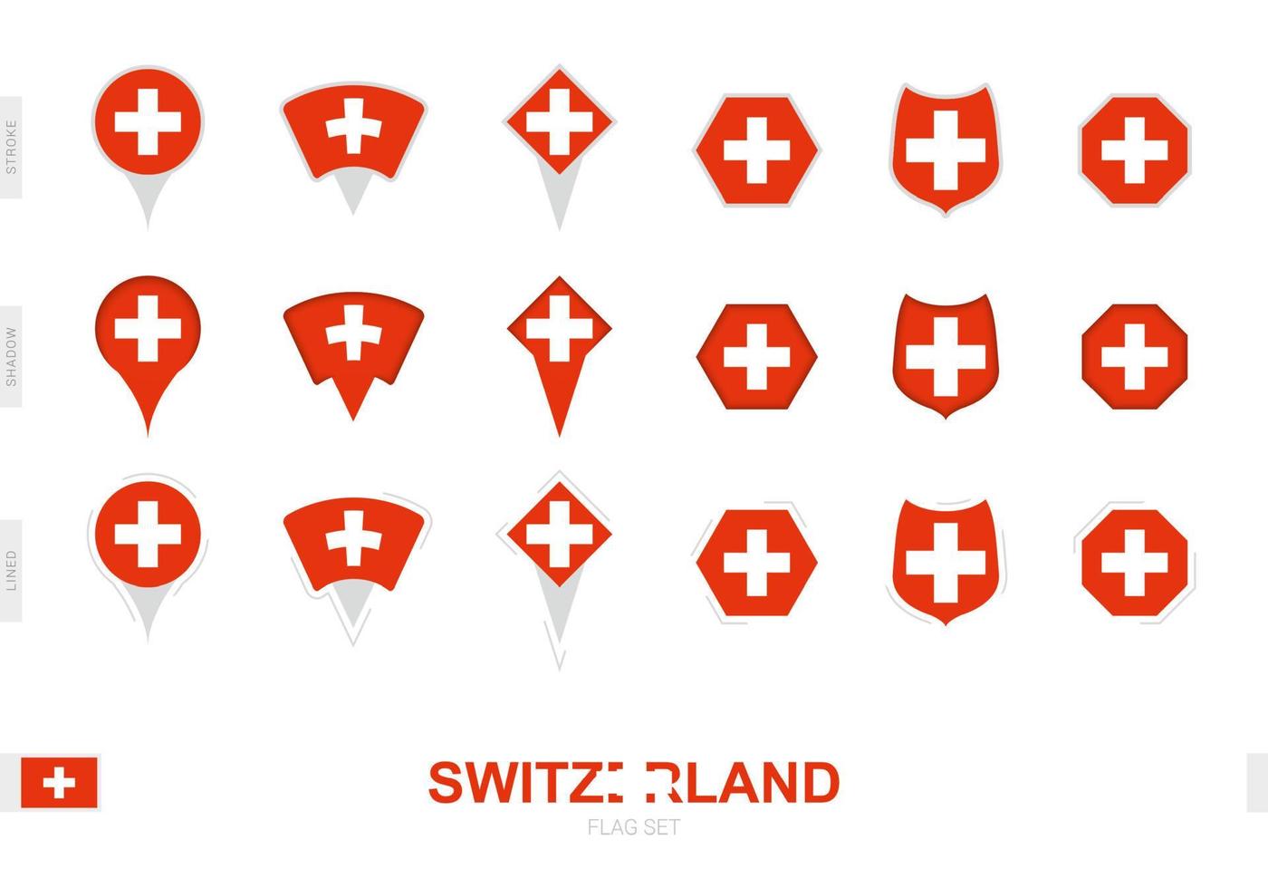 collection du drapeau suisse sous différentes formes et avec trois effets différents. vecteur