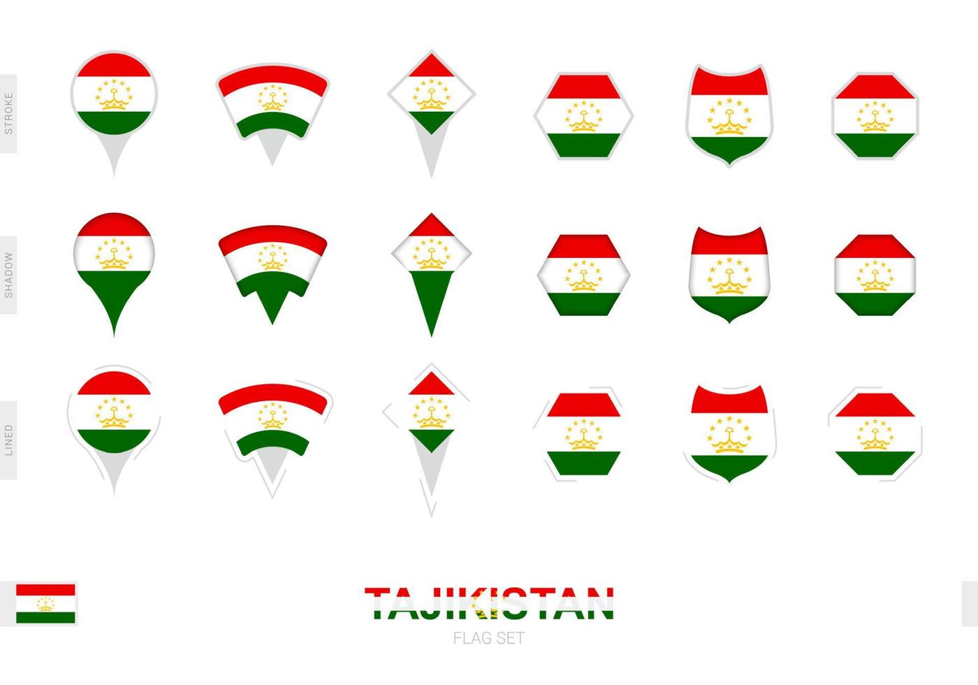 collection du drapeau du tadjikistan sous différentes formes et avec trois effets différents. vecteur