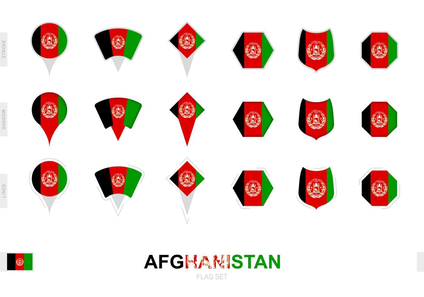 collection du drapeau afghan sous différentes formes et avec trois effets différents. vecteur