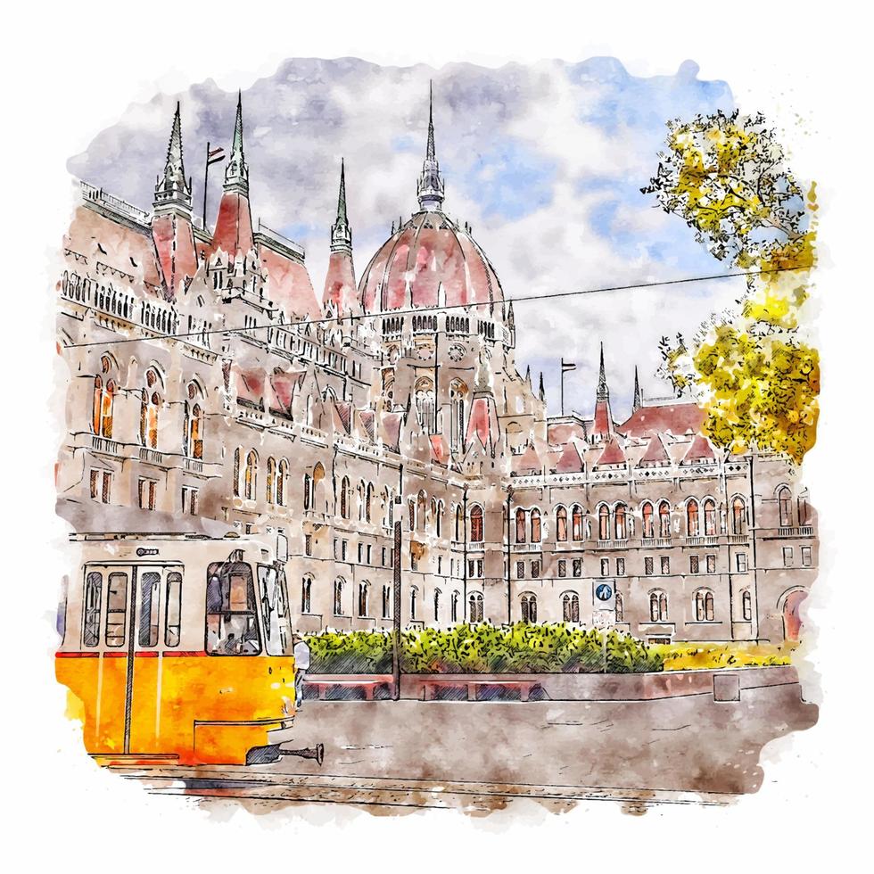 budapest hongrie croquis aquarelle illustration dessinée à la main vecteur