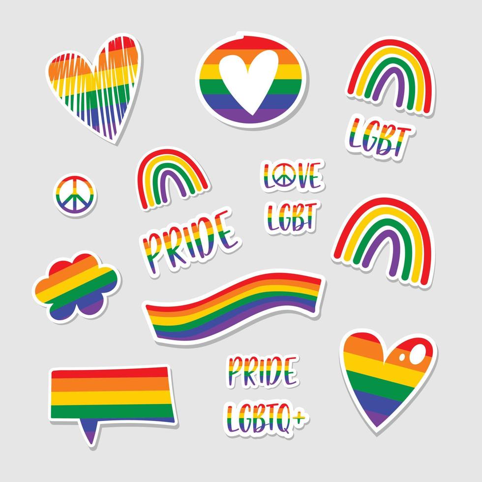 ensemble d'éléments de fierté lgbt. les droits de l'homme et la tolérance. autocollant lgbt sur fond gris avec ombre légère. symbole lié aux lgbtq dans les couleurs de l'arc-en-ciel. vecteur