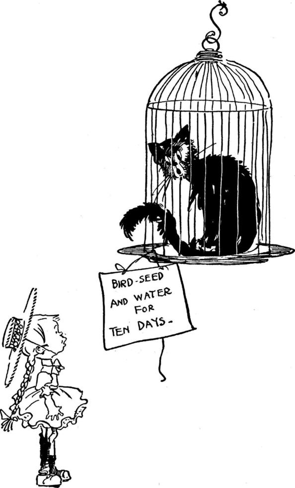 dessin animé de chat assis dans une cage à oiseaux, illustration vintage. vecteur