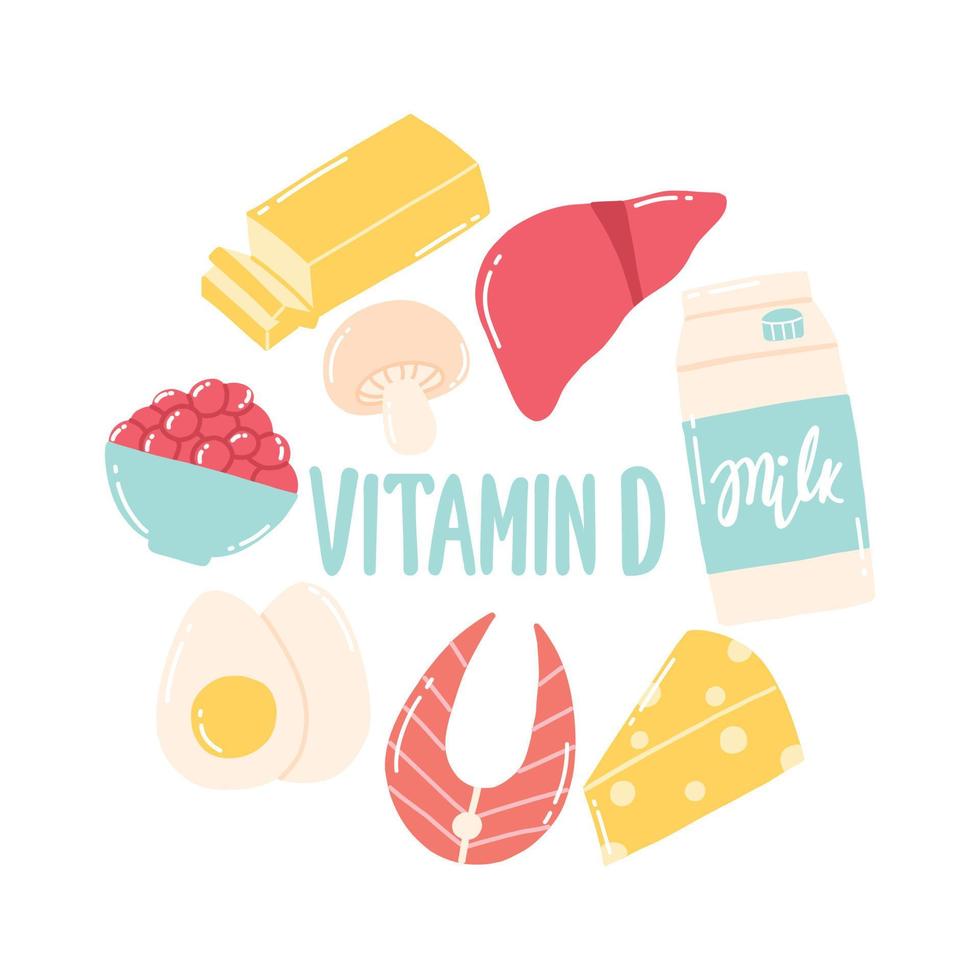 Vitamine D. ensemble d'aliments contenant de la vitamine d. aliments riches en vitamine d. illustration vectorielle. illustration vectorielle. style dessiné. vecteur