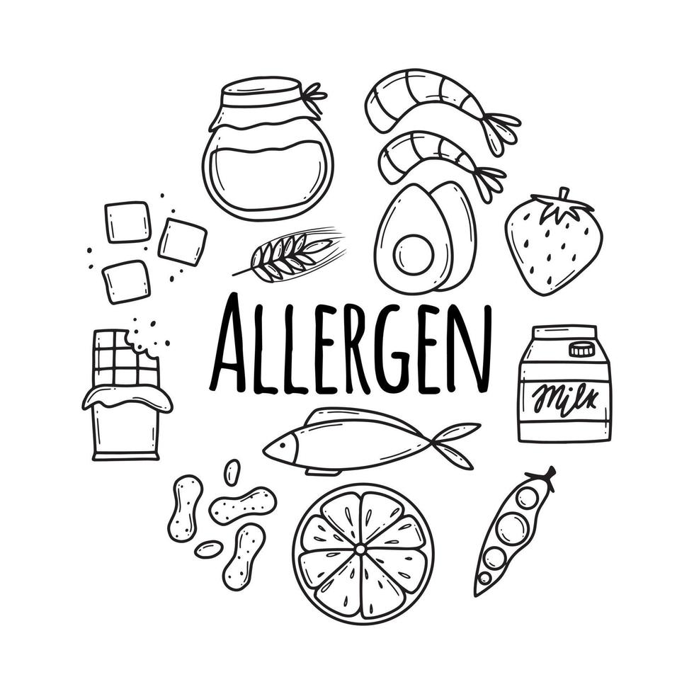 allergènes alimentaires. collecte de produits allergènes. illustration vectorielle. allergie. style de griffonnage. allergène poisson, œuf, miel, gluten, lait. vecteur