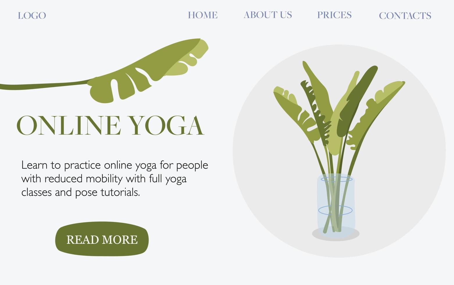 conception de page de destination de cours de yoga en ligne dans des couleurs grises et vertes avec une plante tropicale vecteur