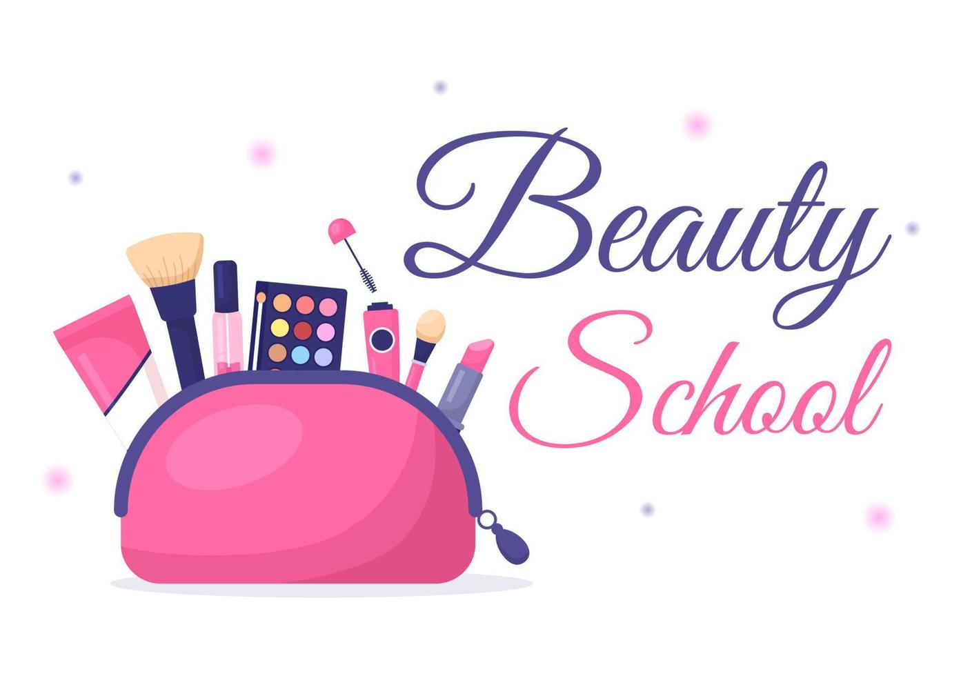 école de beauté et de maquillage avec des produits cosmétiques pour étudier et de belles filles se maquillant dans une illustration de modèles dessinés à la main de dessin animé plat vecteur