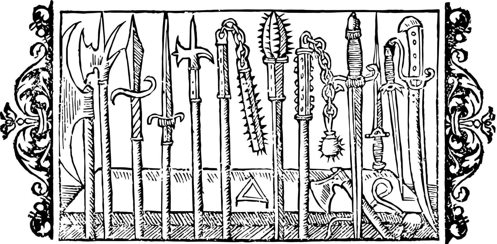 armes nordiques de la tapisserie de bayeux, gravure d'époque. vecteur