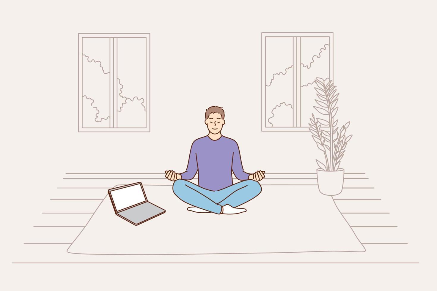 méditation en ligne, anti-stress, concept de santé mentale. personnage de dessin animé de jeune homme calme positif assis sur le sol à la maison faisant une leçon de méditation en ligne avec illustration vectorielle d'ordinateur portable vecteur