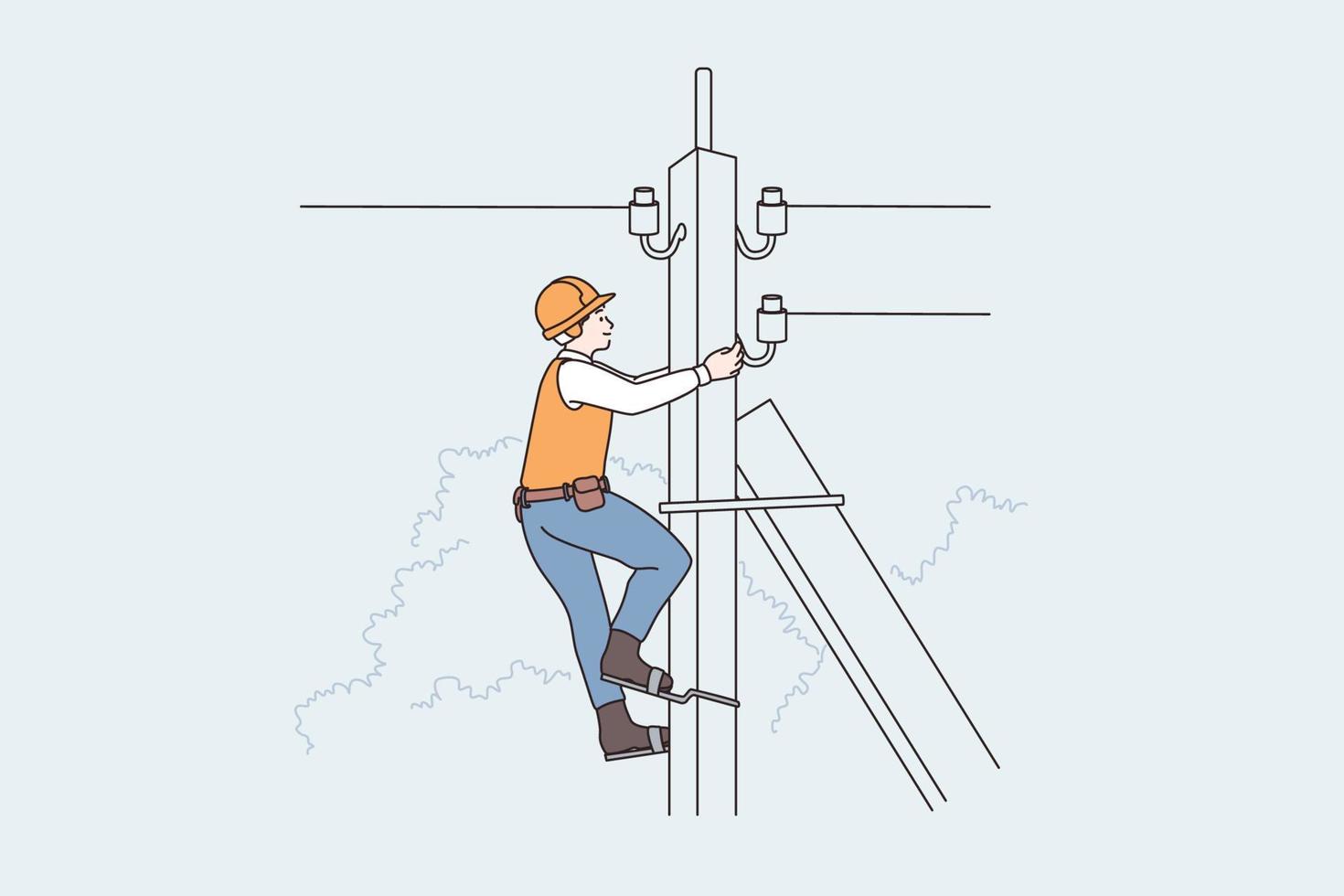équipement d'éclairage et concept de travailleurs. homme monteur de lignes grimpant sur poste téléphonique, illustration vectorielle haute tension vecteur