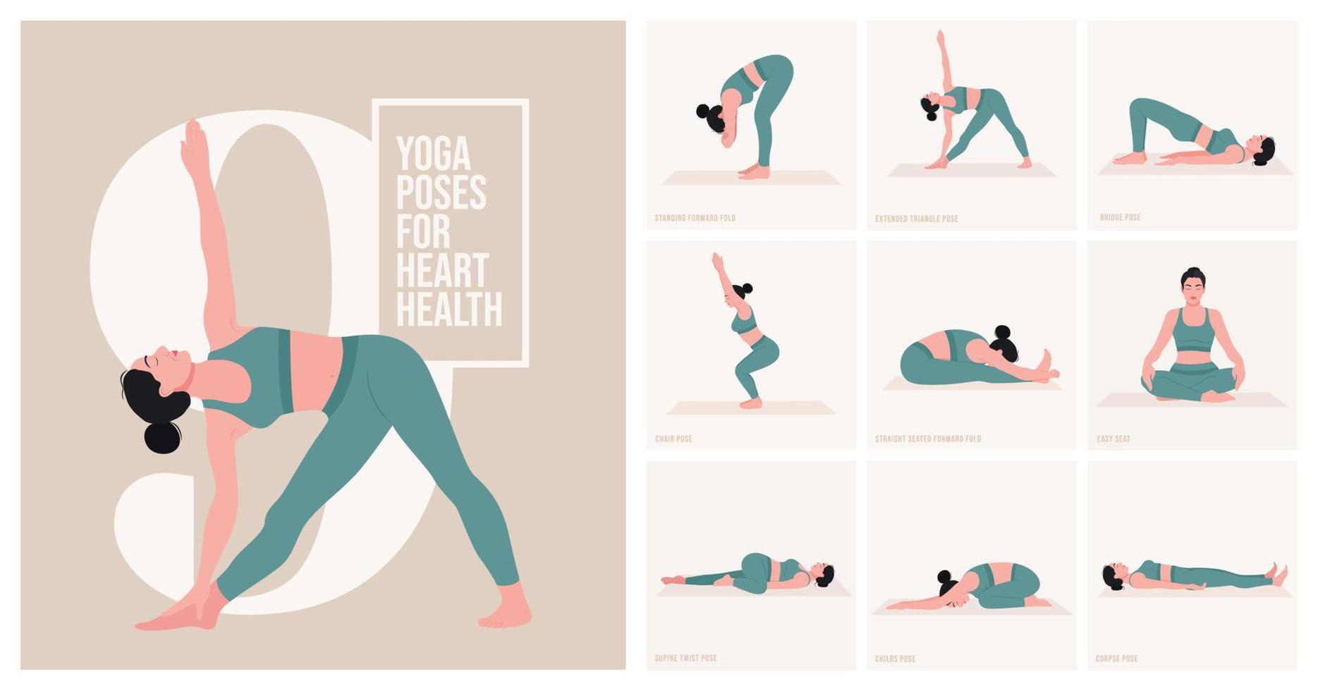 poses de yoga pour la santé cardiaque. jeune femme pratiquant la pose de yoga. fitness d'entraînement de femme, aérobie et exercices. illustration vectorielle. vecteur