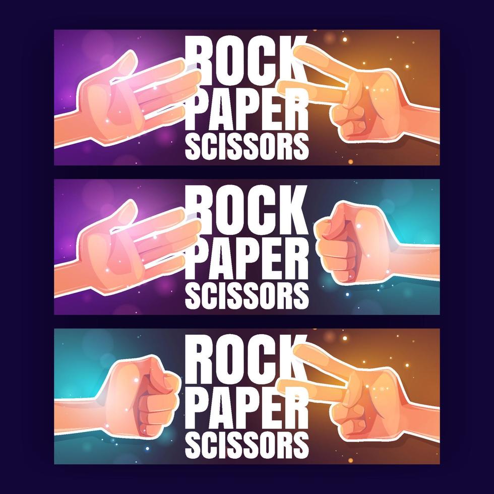 bannières de dessin animé rock, papier, ciseaux avec les mains vecteur