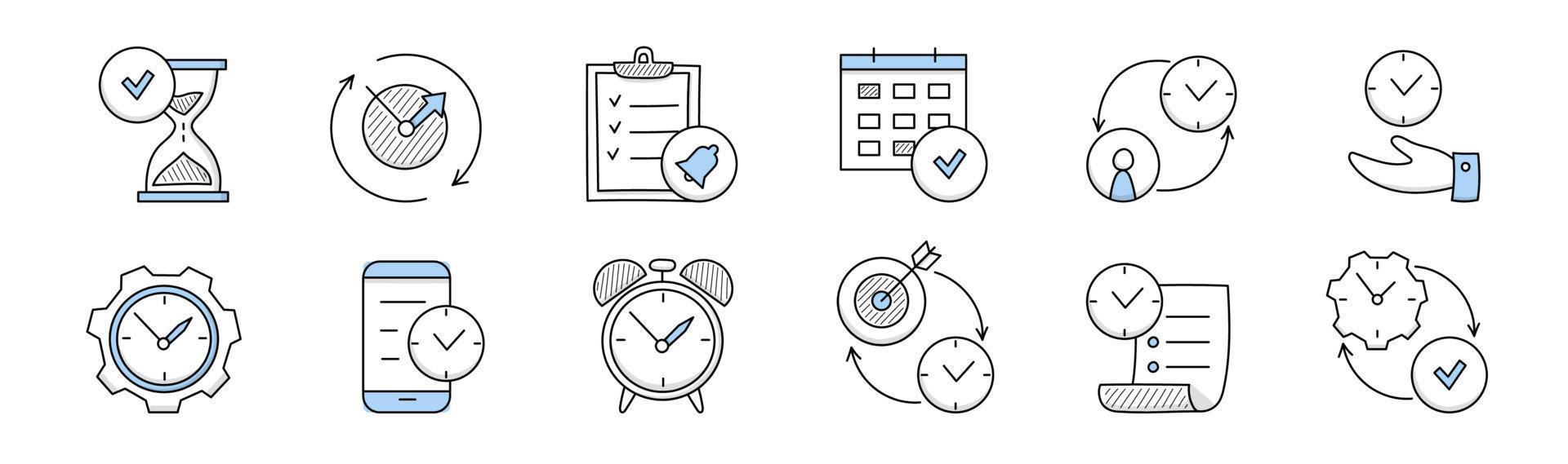 icônes de doodle de gestion du temps avec horloge et engrenage vecteur