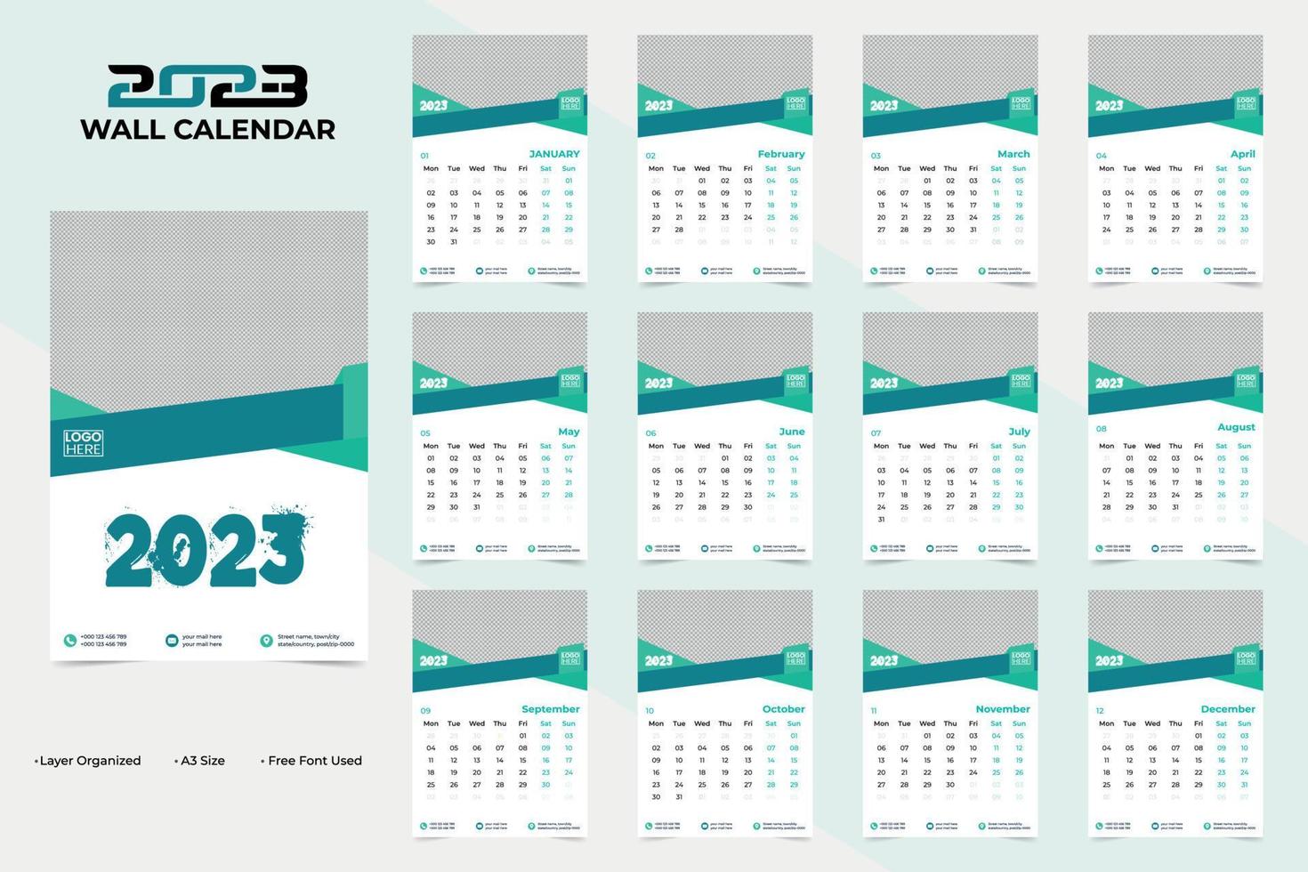 conception de calendrier mural abstrait et unique pour la bonne année 2023 vecteur