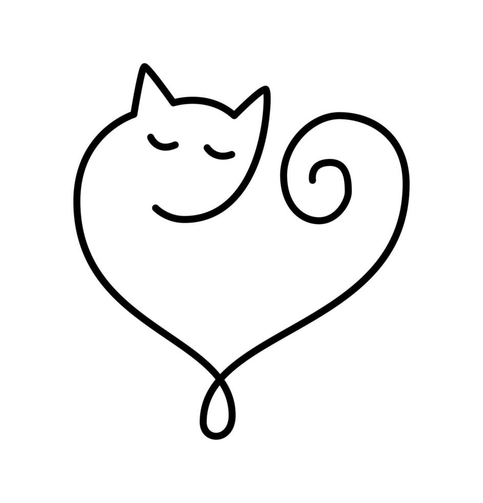 signe de logo coeur monoline amour noël dessiné à la main avec chat. mariage de symbole d'illustration romantique de vecteur. élément plat de conception de calligraphie de la saint-valentin. pour carte de voeux vecteur