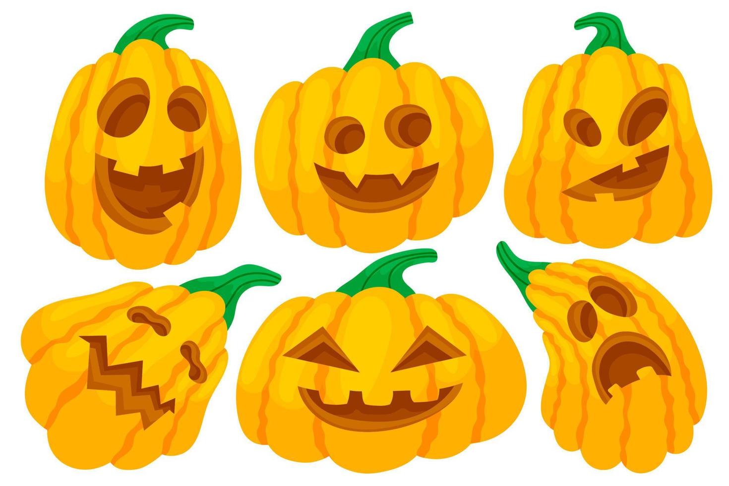 ensemble de citrouilles d'halloween colorées avec des grimaces. dessin animé et style plat. illustration vectorielle isolée sur fond blanc. vecteur
