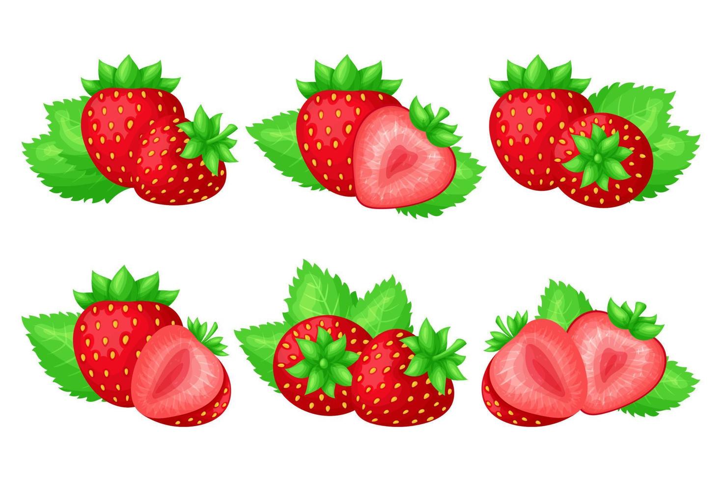 ensemble de fraises juteuses mûres. baies entières et tranches de différentes formes. feuilles vertes. style de dessin animé plat simple et coloré. illustration vectorielle isolée. vecteur