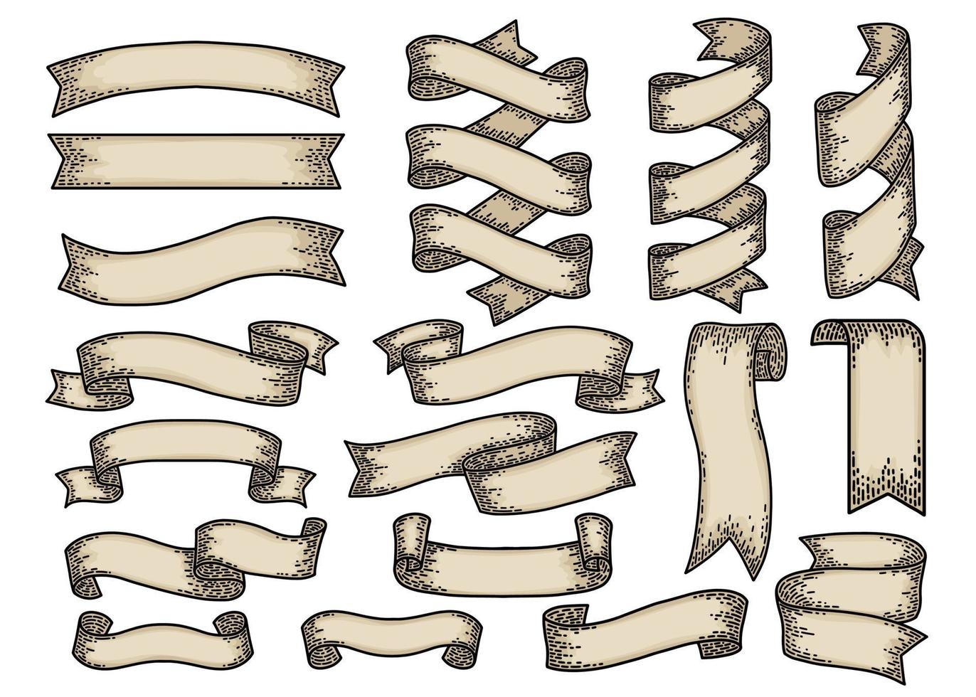 ensemble de rubans isolé sur fond blanc. vieux dessin à la main de style vintage gravé. élément de conception pour bannière, menu, affiche, web. vecteur
