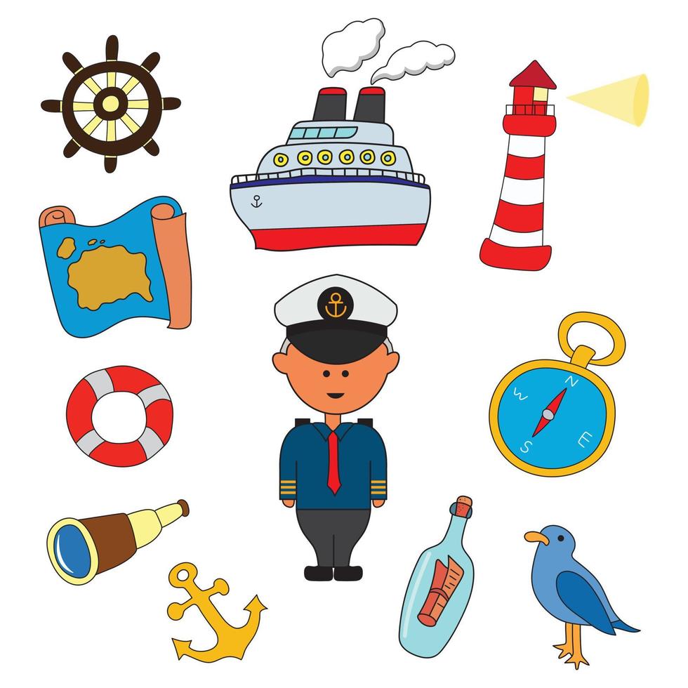 ensemble de marins pour enfants de couleur dessinés à la main avec tous les équipements et outils de marin. mignon navire capitaine bateau phare mer et océan outils de navigation. vecteur