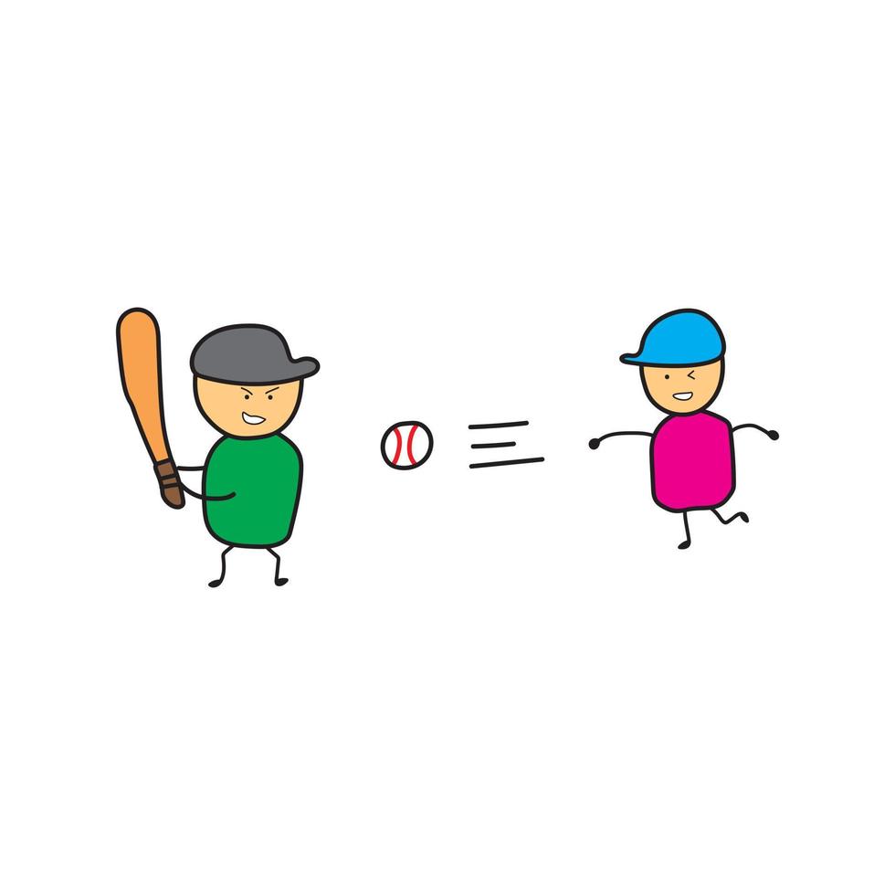 illustration vectorielle graphique enfants style de dessin drôle mignon deux enfants jouent au baseball dans un style de dessin animé. vecteur