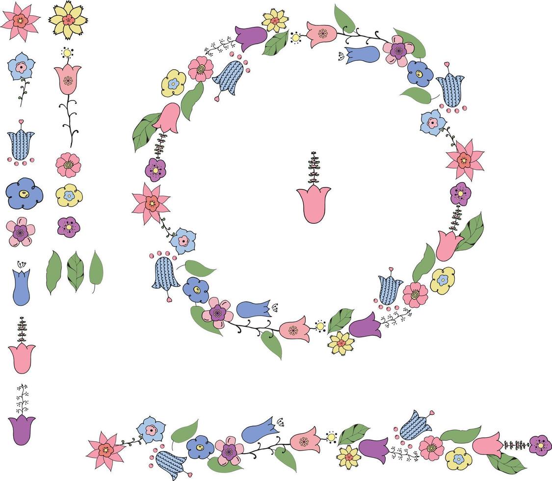couronne et un pinceau sans couture avec des fleurs dans un style doodle. adapté aux cartes postales et aux invitations. vecteur