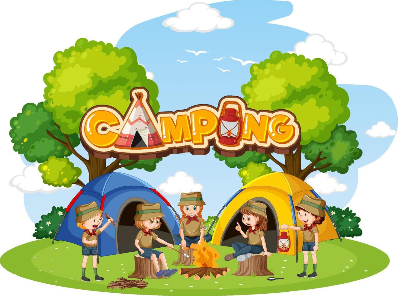 camping en plein air avec des enfants scouts vecteur